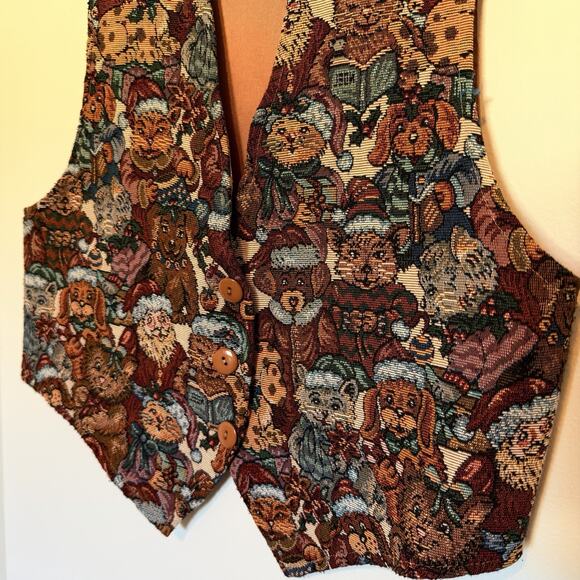 Vintage Facets Christmas Animals Vest Tapestry Santa, Bear, Puppy, Kitten Size S - Picture 2 of 14